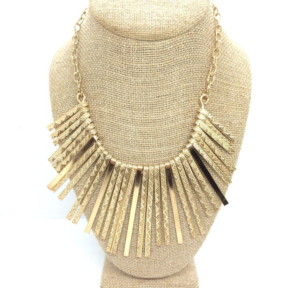 GOLD TONE FAN NECKLACE TRIBAL FRINGE SPEARS BOHEMIAN BIB FESTIVAL STATEMENT
